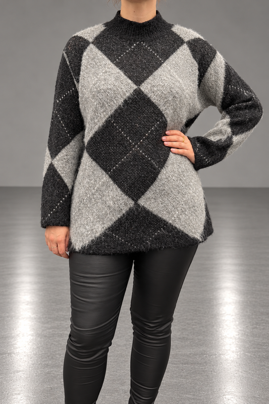 Pull Oversize Motif Losanges – Noir & Gris