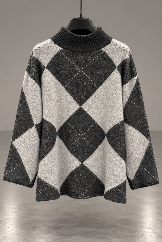 Pull Oversize Motif Losanges – Noir & Gris